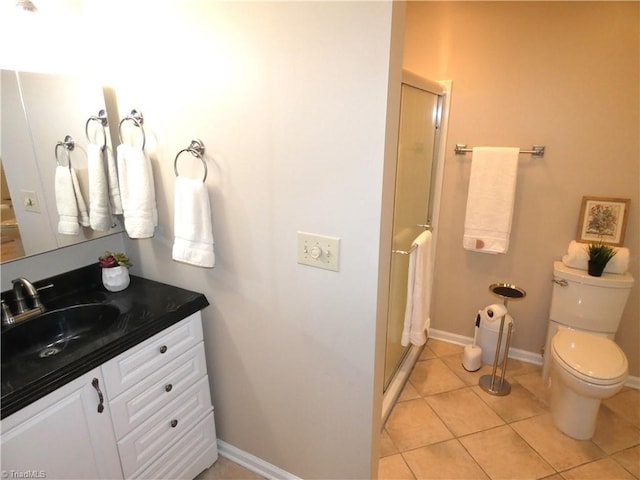 3982 Westridge Meadow Cir, Clemmons, NC 27012 - bathroom with vanity, a stall shower, toilet, tile patterned flooring, and baseboards