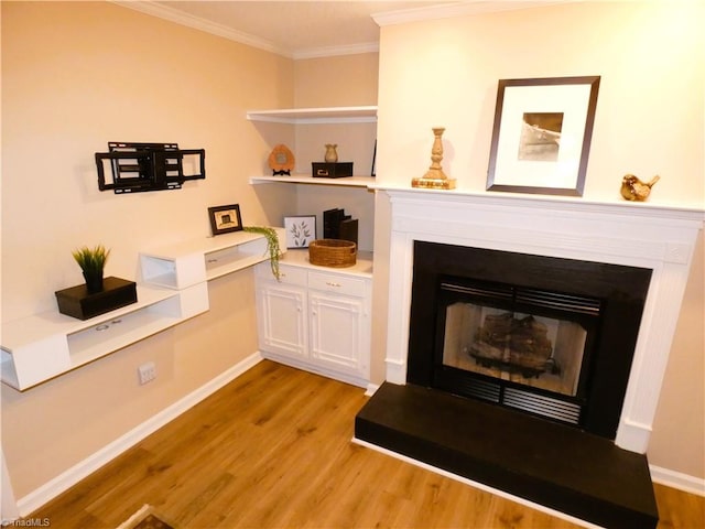 3982 Westridge Meadow Cir, Clemmons, NC 27012 - living area with light wood-type flooring, crown molding, a fireplace with raised hearth, and baseboards