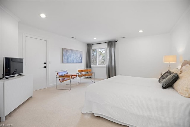 bedroom with crown molding, recessed lighting, and light colored carpet