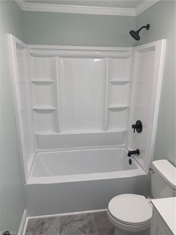 full bathroom featuring shower / bath combination, toilet, tile patterned floors, vanity, and ornamental molding