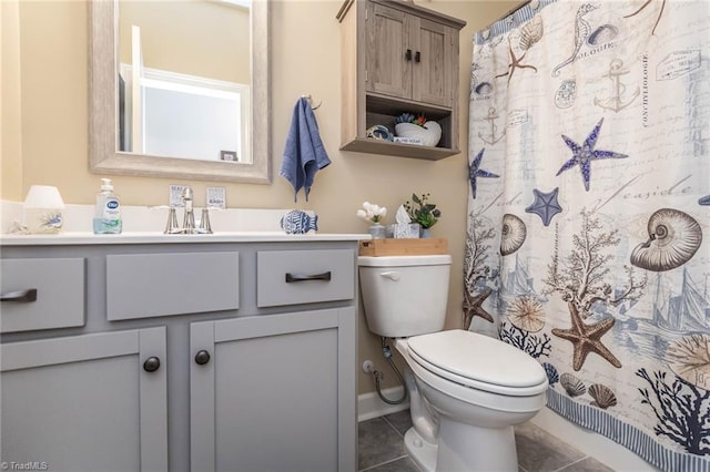 full bath featuring toilet, a shower with shower curtain, vanity, and tile patterned floors