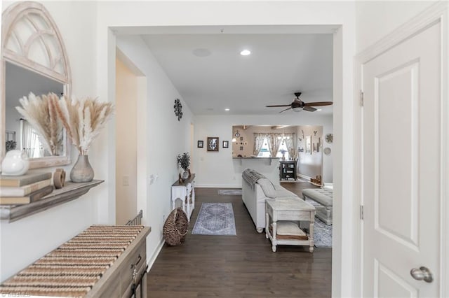 interior space featuring dark wood-style floors, recessed lighting, baseboards, and a ceiling fan