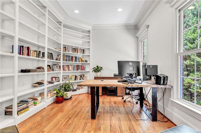 3940 Beechridge Rd, Winston-Salem, NC 27106 - office area featuring healthy amount of natural light, crown molding, light wood-style flooring, built in features, and recessed lighting