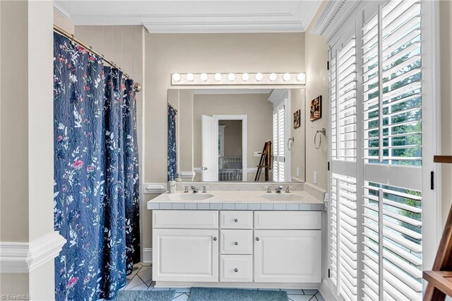3940 Beechridge Rd, Winston-Salem, NC 27106 - full bath featuring crown molding, tile patterned floors, double vanity, and curtained shower