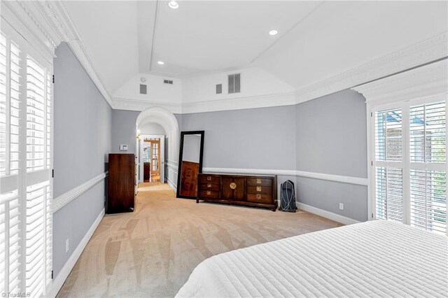 3940 Beechridge Rd, Winston-Salem, NC 27106 - bedroom with arched walkways, carpet flooring, baseboards, recessed lighting, and crown molding