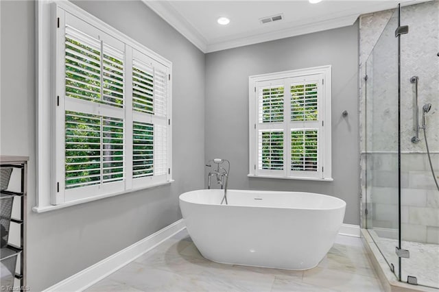 3940 Beechridge Rd, Winston-Salem, NC 27106 - full bath with a shower stall, marble tiled floors, baseboards, crown molding, and recessed lighting