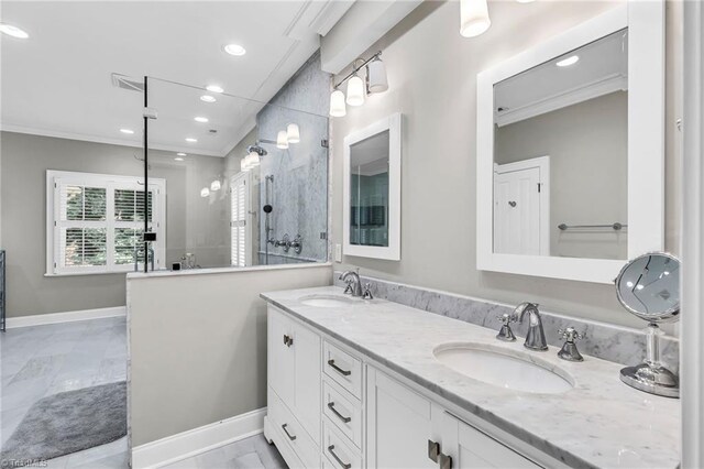 3940 Beechridge Rd, Winston-Salem, NC 27106 - full bathroom featuring crown molding, double vanity, a walk in shower, recessed lighting, and baseboards