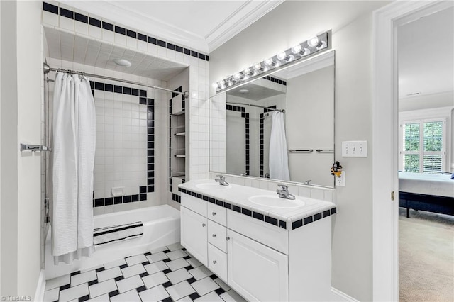 3940 Beechridge Rd, Winston-Salem, NC 27106 - ensuite bathroom featuring shower / tub combo, crown molding, double vanity, and baseboards