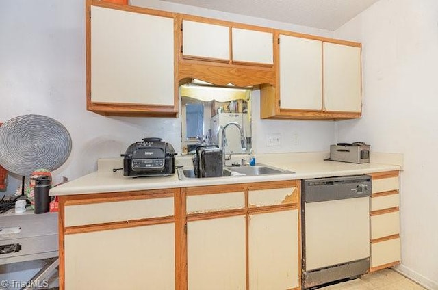 kitchen with dishwasher, white cabinets, and sink