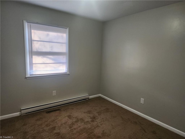 unfurnished room featuring dark colored carpet and a baseboard radiator