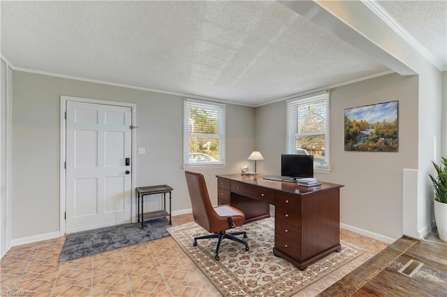 tiled office space featuring a textured ceiling and ornamental molding