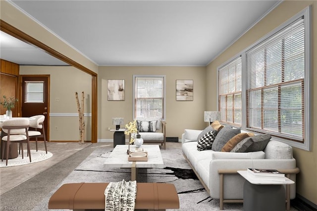 living area with light carpet, ornamental molding, and baseboards