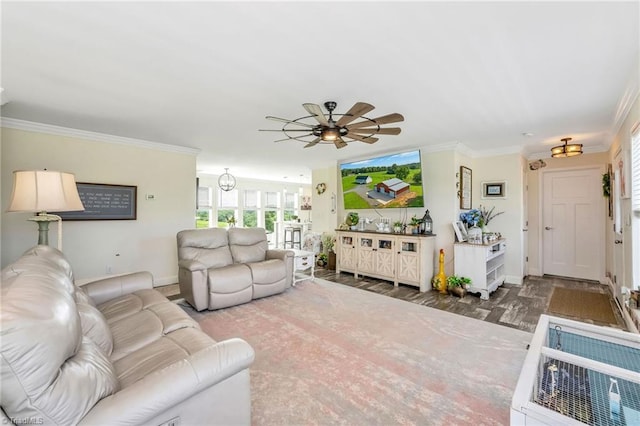 214 Mining Ridge Church Rd, Elkin, NC 28621 - living area featuring a ceiling fan, ornamental molding, and wood finished floors