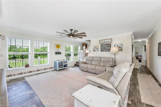 214 Mining Ridge Church Rd, Elkin, NC 28621 - living room featuring ornamental molding, wood finished floors, stairs, and ceiling fan
