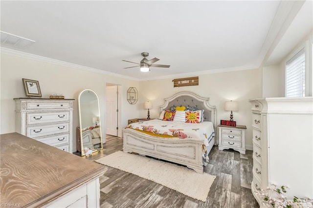 214 Mining Ridge Church Rd, Elkin, NC 28621 - bedroom featuring dark wood-style flooring, crown molding, and ceiling fan
