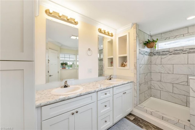 214 Mining Ridge Church Rd, Elkin, NC 28621 - full bath featuring double vanity, a tile shower, and crown molding