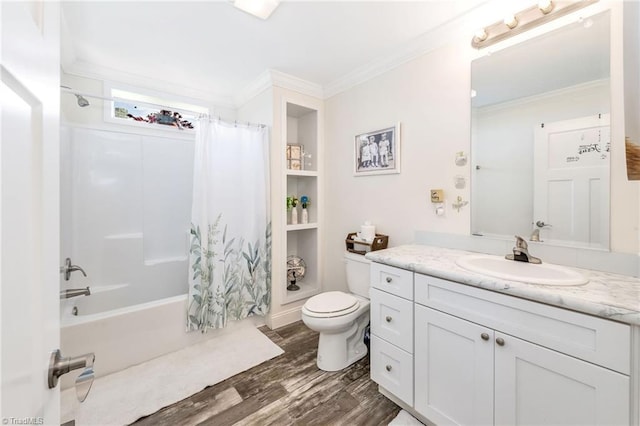 214 Mining Ridge Church Rd, Elkin, NC 28621 - full bathroom with vanity, wood finished floors, crown molding, and shower / bathtub combination with curtain