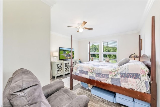 214 Mining Ridge Church Rd, Elkin, NC 28621 - bedroom with wood finished floors, ornamental molding, and ceiling fan