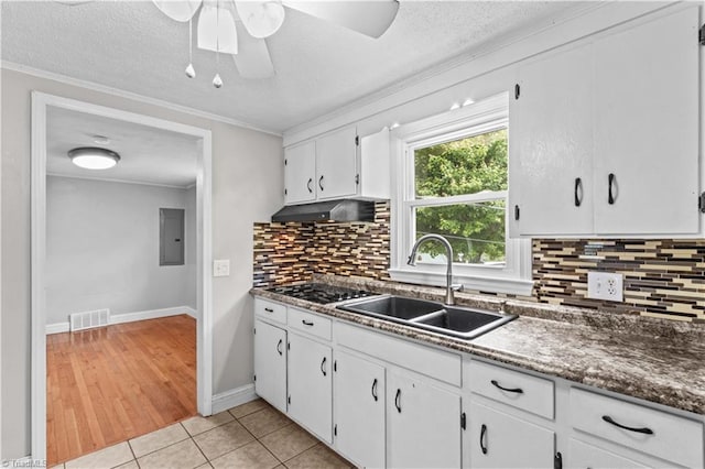 kitchen with a sink, under cabinet range hood, electric panel, crown molding, and black stovetop