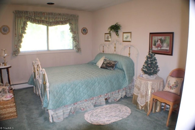 bedroom with dark colored carpet