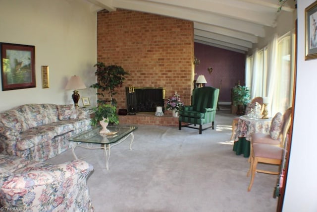 carpeted living room with a brick fireplace and vaulted ceiling with beams