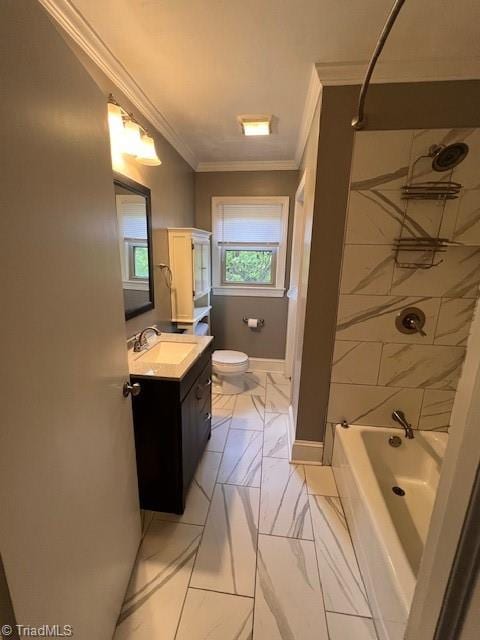 full bathroom with vanity, toilet, tiled shower / bath combo, and ornamental molding