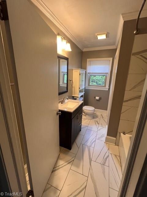 bathroom featuring vanity, ornamental molding, and toilet