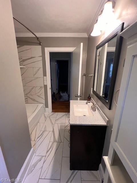 bathroom with vanity and crown molding