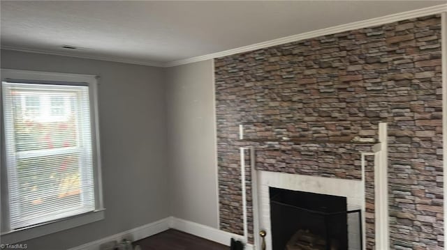 516 Hamilton St, Eden, NC 27288 - unfurnished living room with a fireplace, baseboards, ornamental molding, and dark wood finished floors
