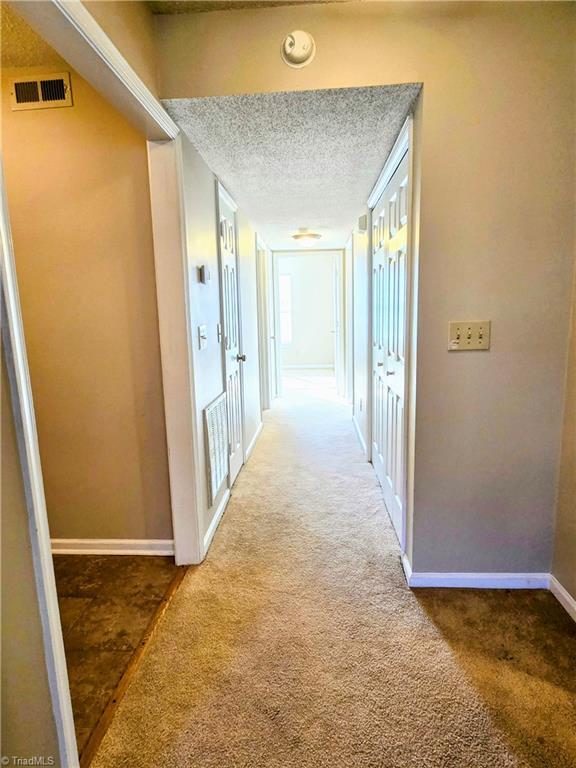 hall with carpet floors and a textured ceiling