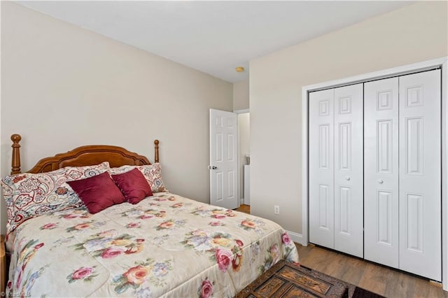 bedroom featuring wood-type flooring and a closet