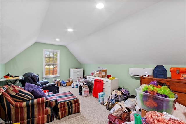 recreation room featuring vaulted ceiling and carpet floors