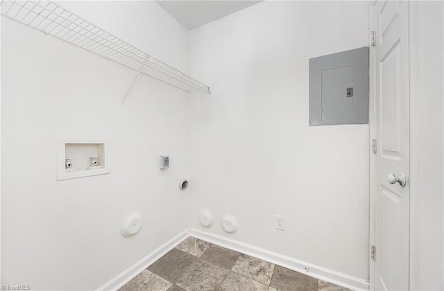 clothes washing area featuring electric dryer hookup, electric panel, gas dryer hookup, and hookup for a washing machine