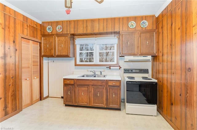 kitchen with crown molding, wooden walls, sink, and white electric range oven