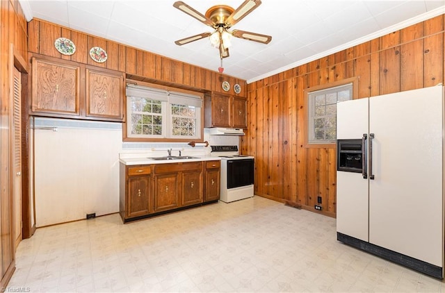 kitchen featuring ornamental molding, white appliances, ceiling fan, sink, and wood walls