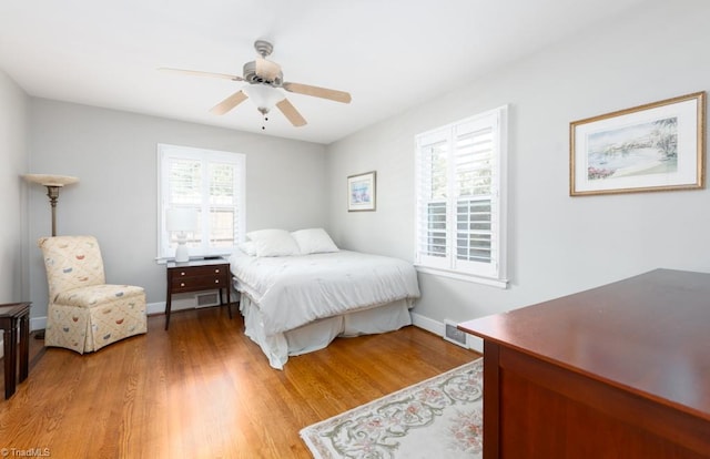 bedroom with ceiling fan and wood-type flooring