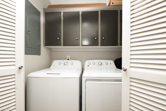 laundry area with washer and clothes dryer, electric panel, and cabinets