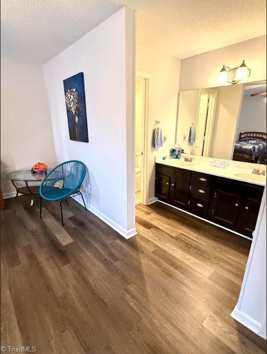 full bath with baseboards, double vanity, wood finished floors, a textured ceiling, and a sink