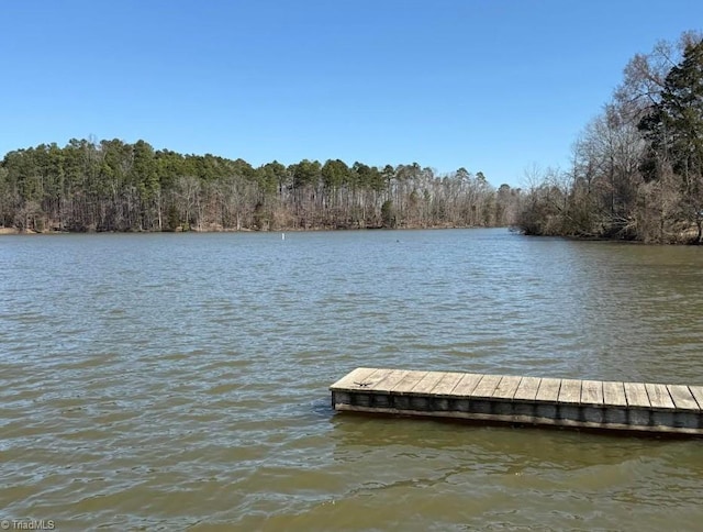 dock area with a view of trees and a water view