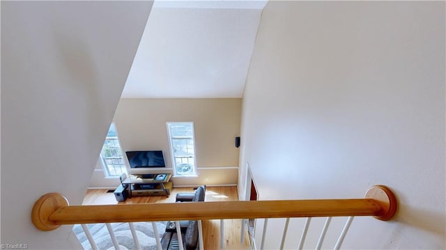 office featuring lofted ceiling and wood finished floors