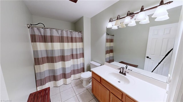 full bathroom with toilet, vanity, a shower with curtain, and tile patterned floors
