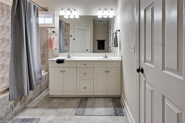 bathroom featuring tile patterned floors, shower / tub combo with curtain, and vanity