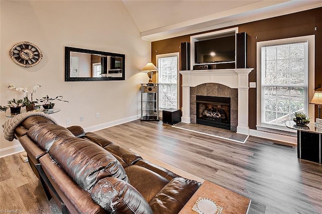 living room with a fireplace, wood-type flooring, and lofted ceiling