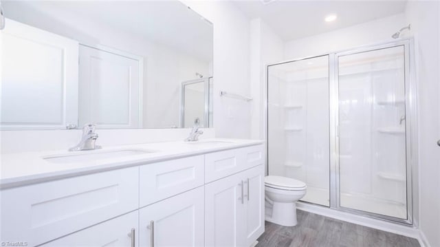 bathroom featuring vanity, wood-type flooring, a shower with door, and toilet