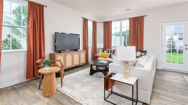 living room featuring a wealth of natural light and light wood-type flooring