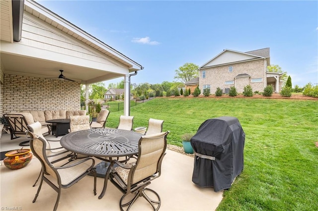 view of patio / terrace featuring grilling area, outdoor lounge area, and a ceiling fan