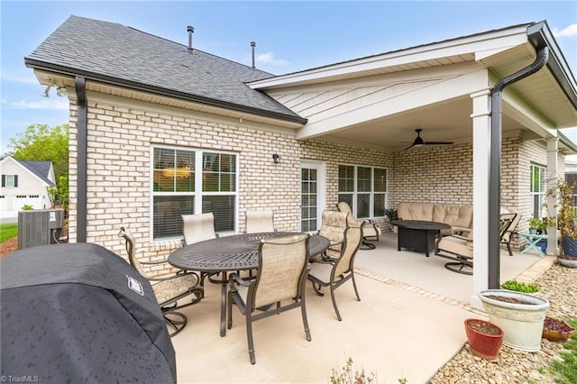 view of patio / terrace with a ceiling fan, area for grilling, an outdoor hangout area, central air condition unit, and outdoor dining space