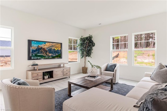 living room featuring a wealth of natural light, baseboards, and wood finished floors