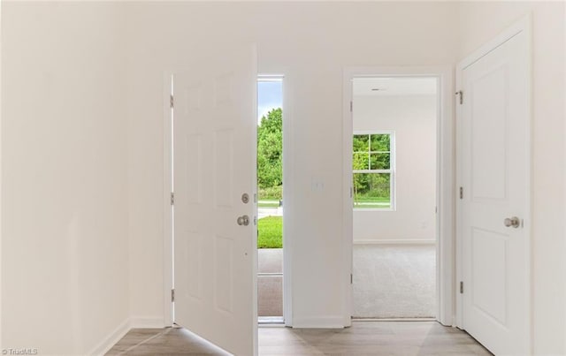 doorway to outside with baseboards and light wood finished floors