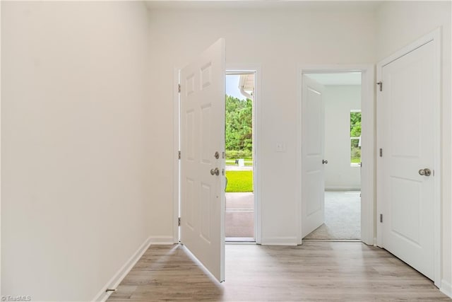 foyer entrance featuring baseboards, plenty of natural light, and light wood finished floors